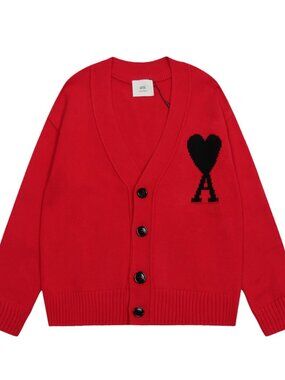 AMI Paris Red Ami de Cœur Heart Logo Knit Cardigan